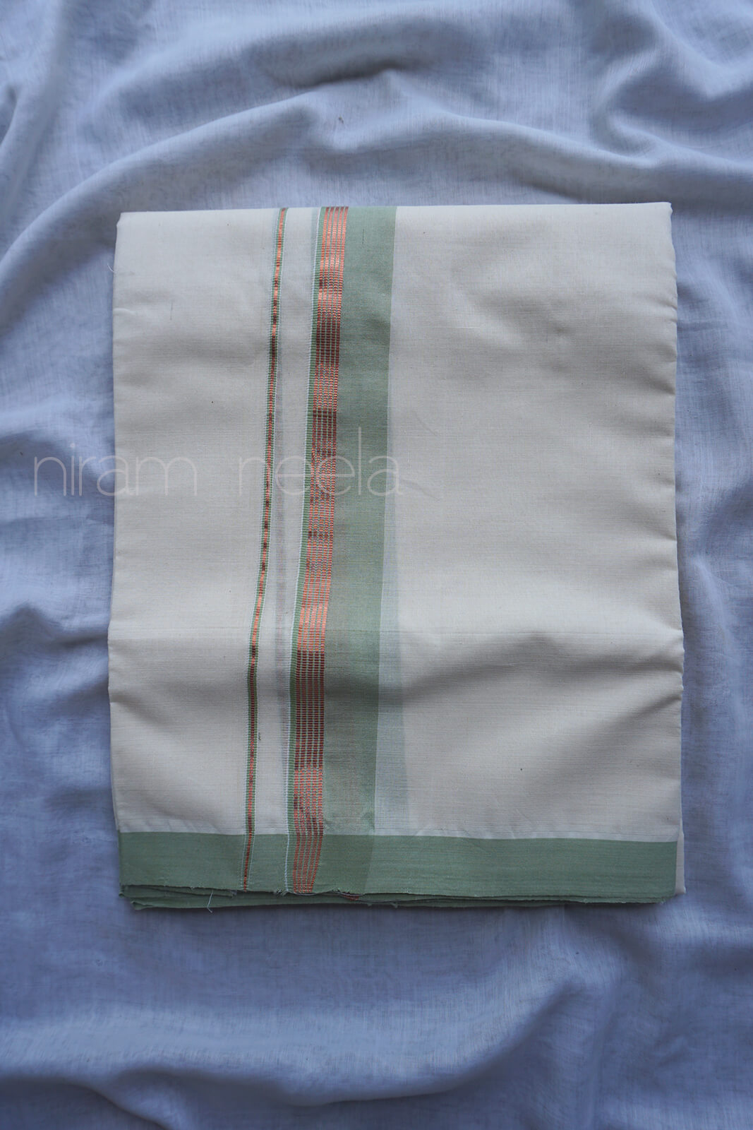 Ivory and sage green double mundu | Mundu for men by Niram Neela