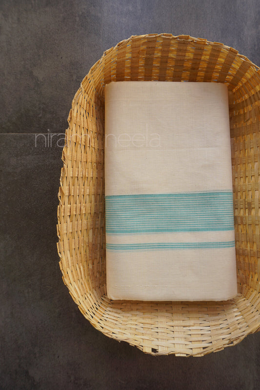 Ivory and teal double mundu for men | Niram Neela