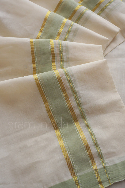 Ivory and pista green kasavu double mundu - Niram Neela