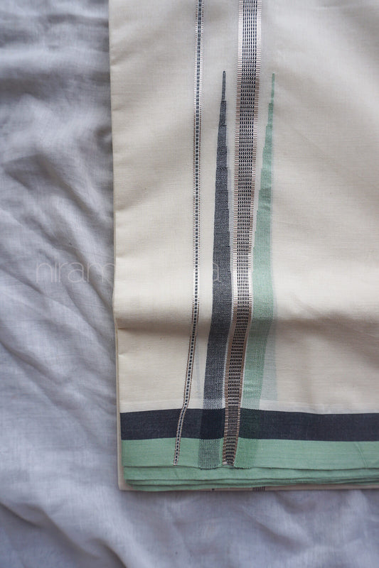 Ivory, green and silver chutti double mundu | Niram Neela