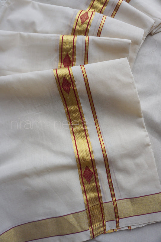 White dhoti with gold and red border details from Niram Neela
