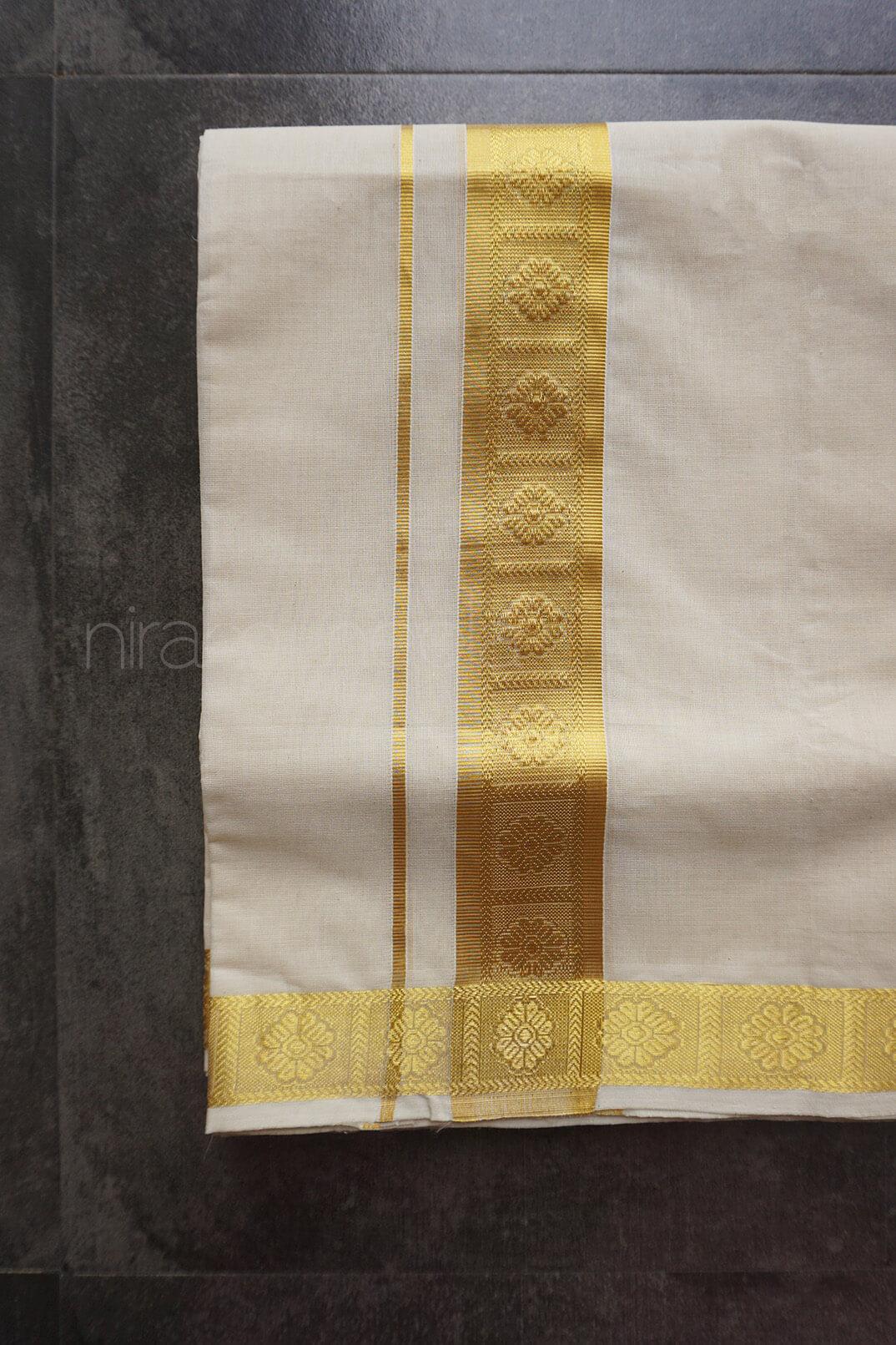 Ivory and gold flower double mundu | Cream and gold flower Men's dhoti