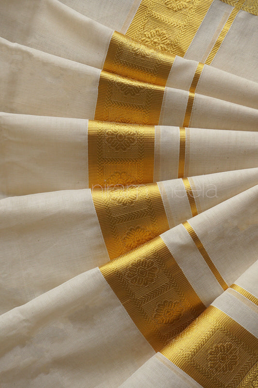Ivory and gold flower double mundu | Cream and gold flower Men's dhoti