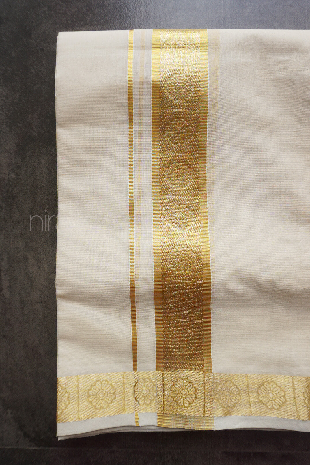 Ivory,gold and silver flower double mundu |  Men's dhoti