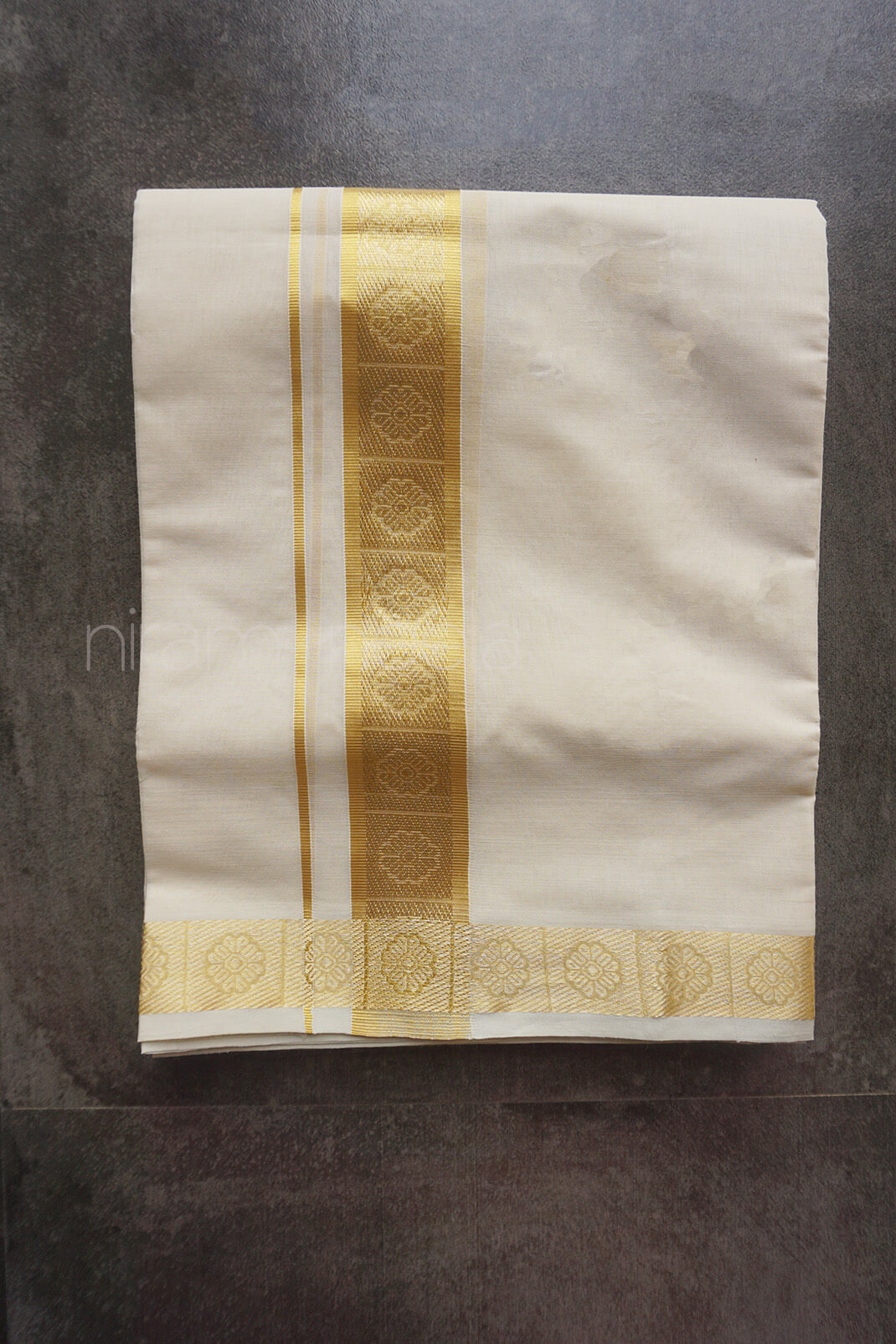 Ivory,gold and silver flower double mundu |  Men's dhoti
