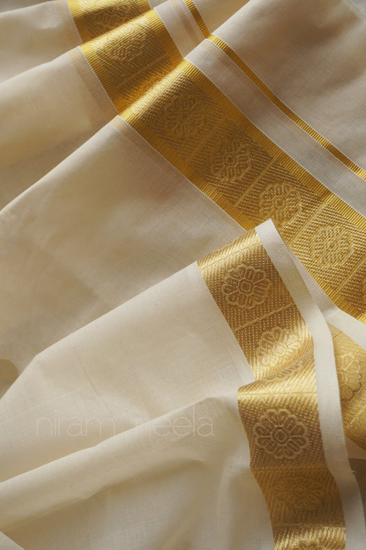 Ivory,gold and silver flower double mundu |  Men's dhoti
