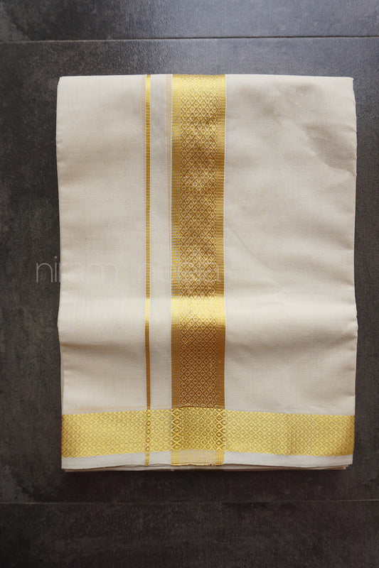 Ivory and gold diamond double mundu | Cream and gold diamond Men's dhoti