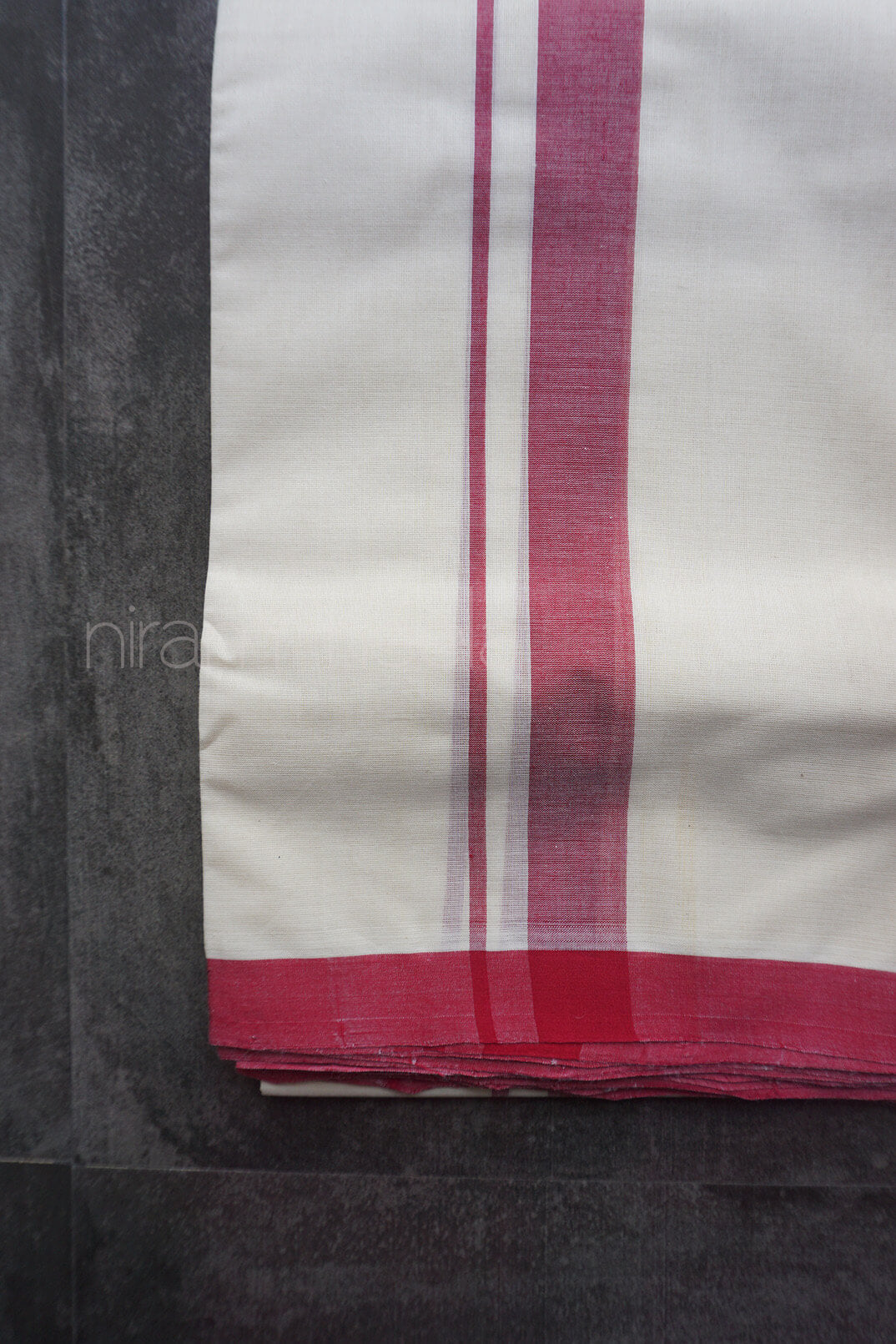 Ivory and beet red double mundu |  Men's cotton dhoti from Niram Neela