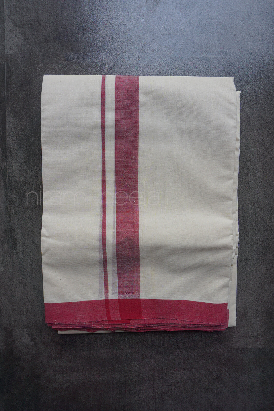 Ivory and beet red double mundu |  Men's cotton dhoti from Niram Neela