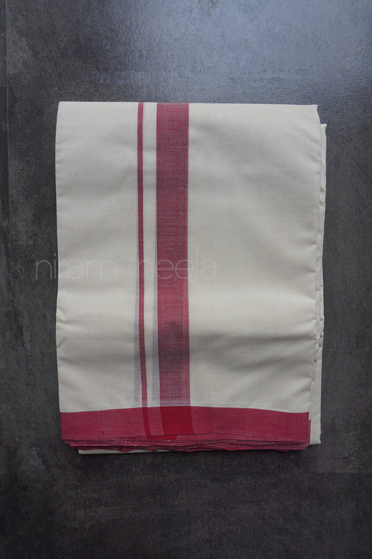 Ivory and beet red double mundu |  Men's cotton dhoti from Niram Neela