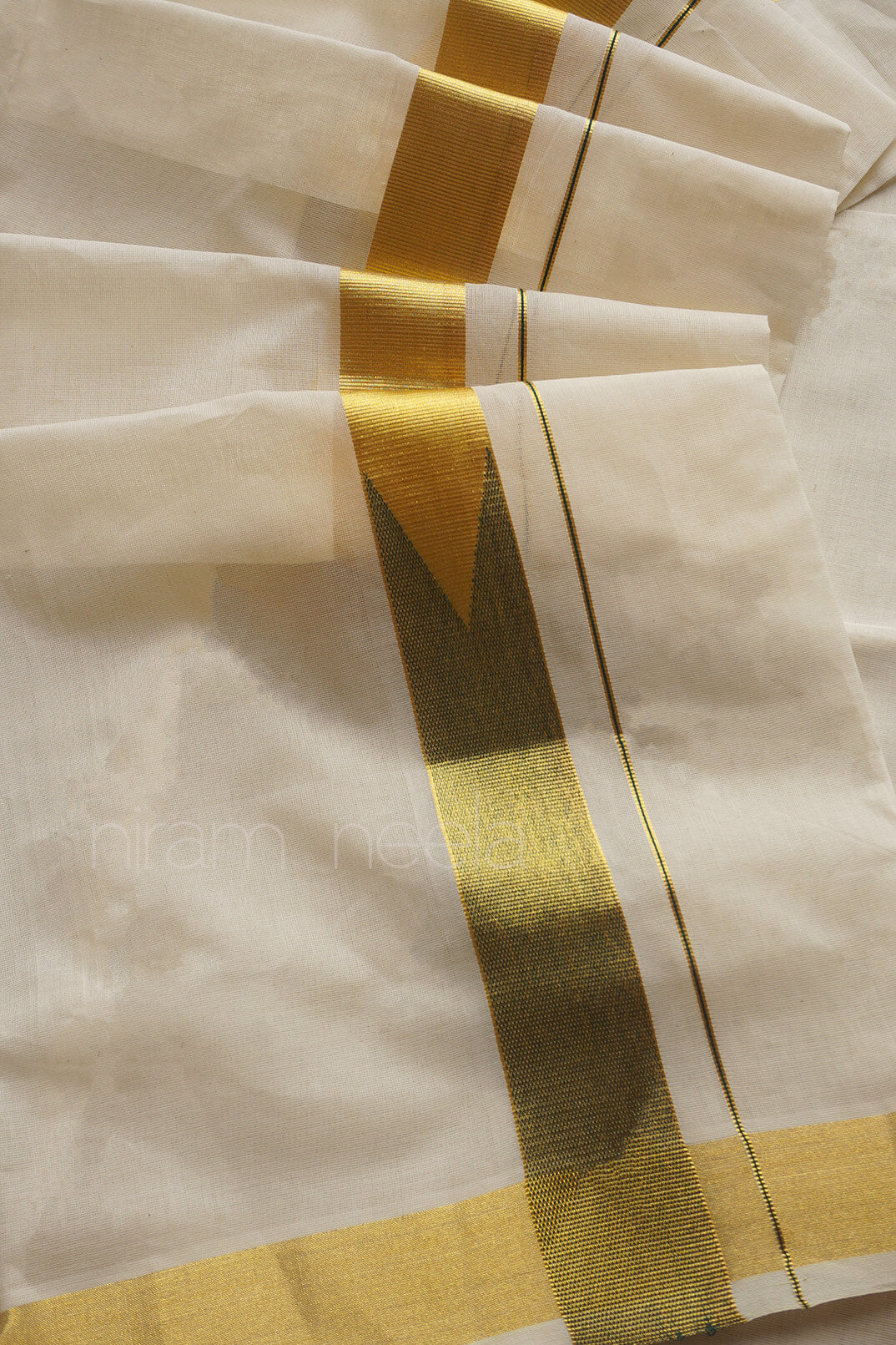 Ivory, green and gold chutti double mundu | Kasavu by Niram Neela