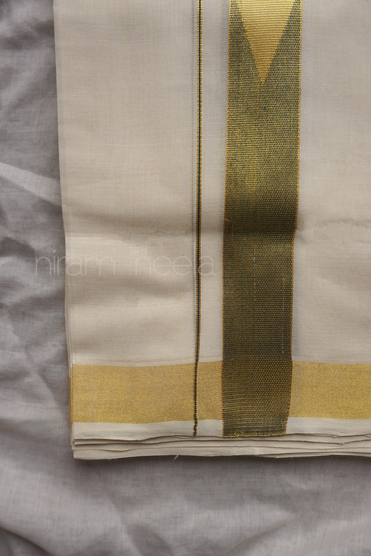 Ivory, green and gold chutti double mundu | Kasavu by Niram Neela