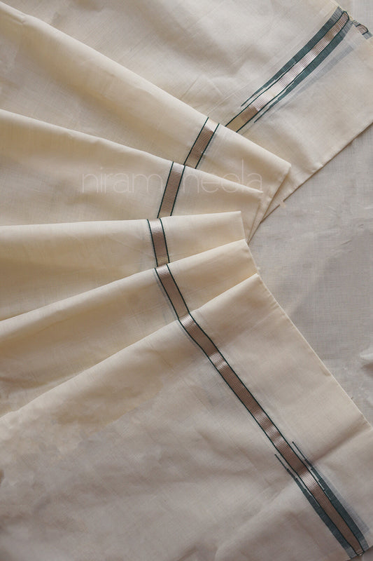 An off-white or cream-colored cotton dhoti, featuring narrow dark green stripes running along the fold edges. The fabric is arranged in a fan-like pattern on a matching light-colored background.