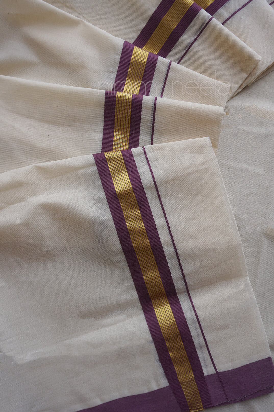 Ivory, purple and gold double mundu | Kasavu dhoti by Niram Neela