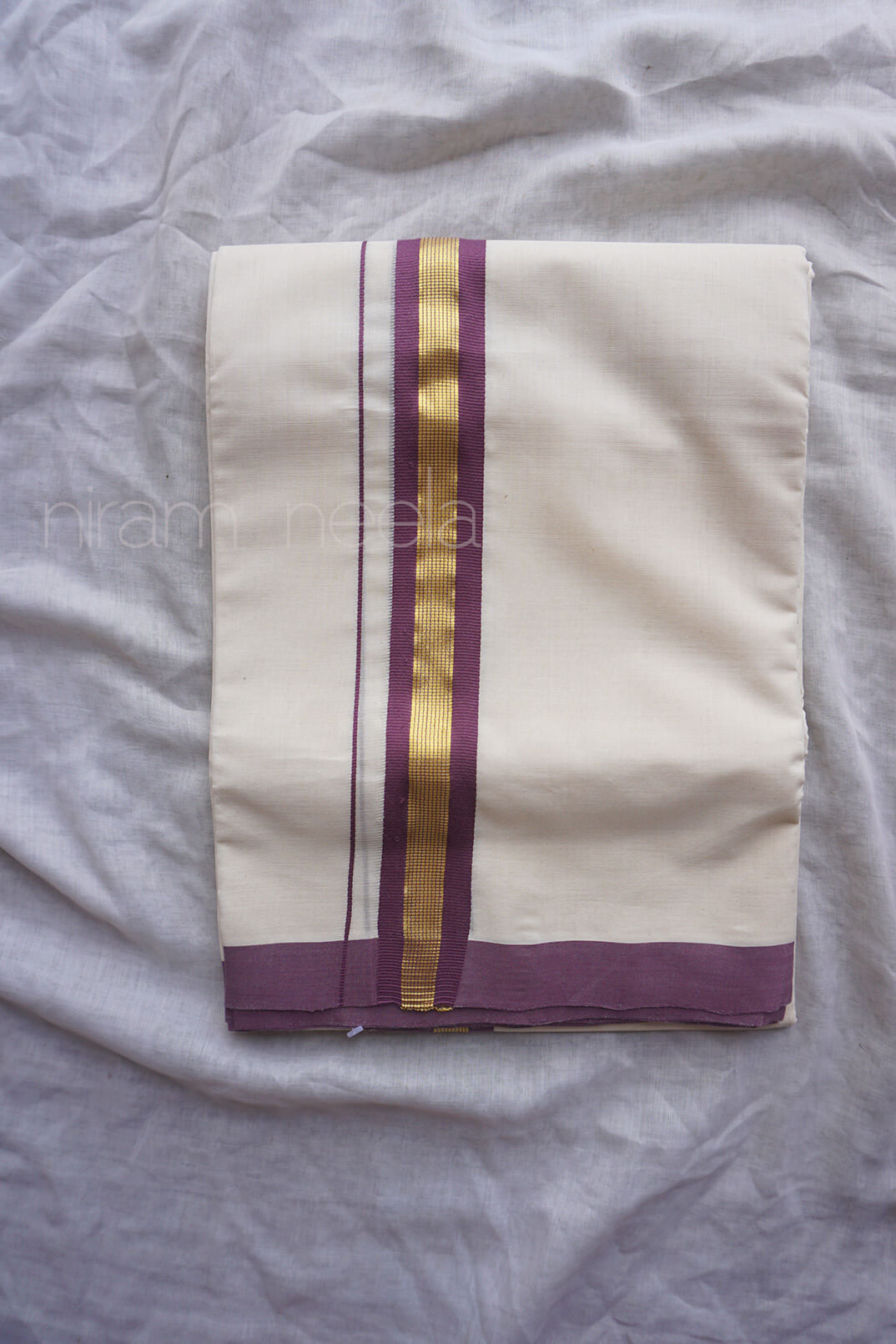 Ivory, purple and gold double mundu | Kasavu dhoti by Niram Neela
