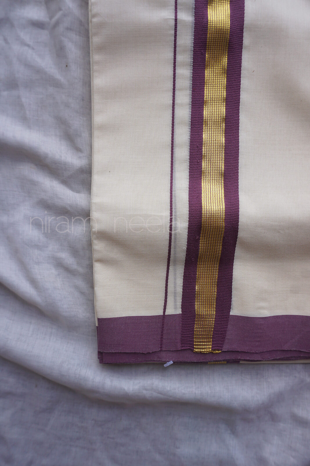 Ivory, purple and gold double mundu | Kasavu dhoti by Niram Neela