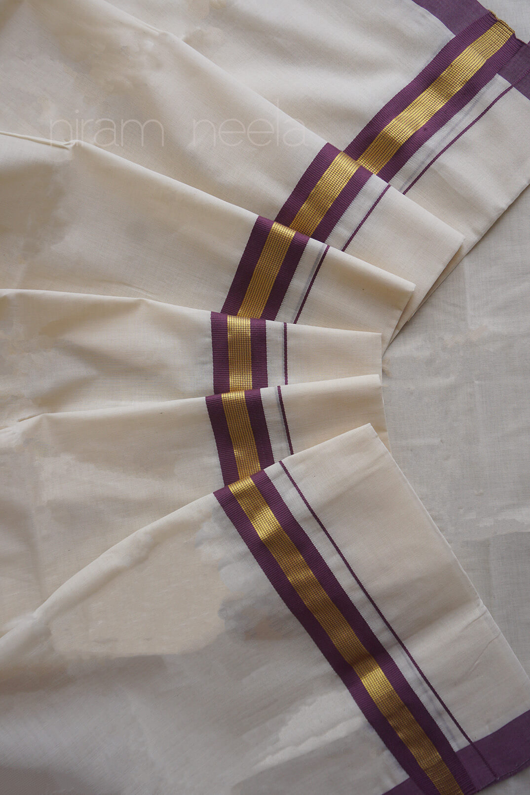 Ivory, purple and gold double mundu | Kasavu dhoti by Niram Neela