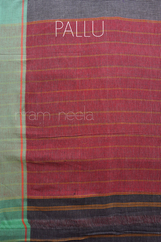 Textured fabric with 'Pallu' and 'niram neela' branding on a multicolored background