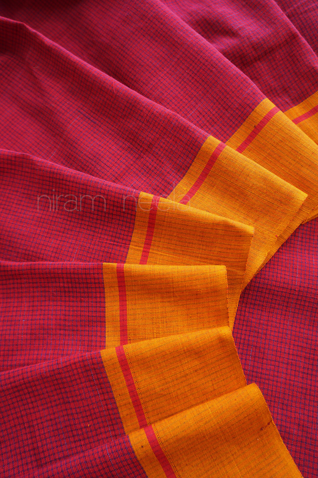 Red and yellow Patteda anchu cotton saree | Niram Neela