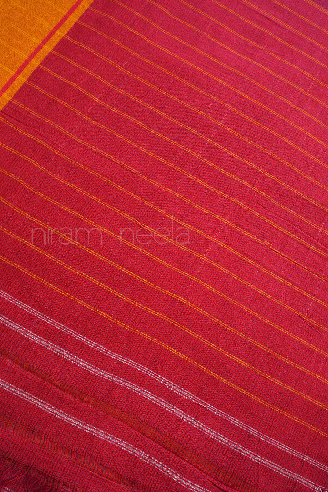 Red and yellow Patteda anchu cotton saree | Niram Neela