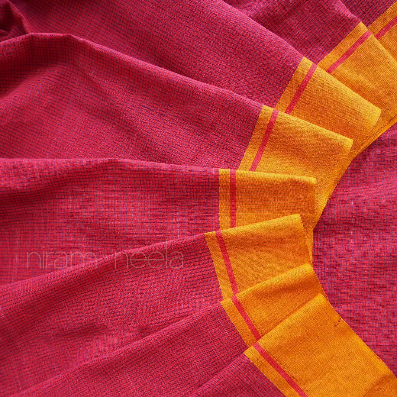 Red and yellow Patteda anchu cotton saree | Niram Neela