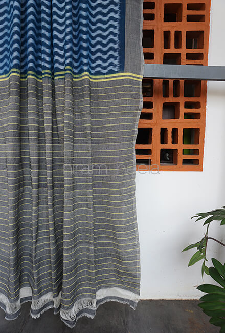 Blue and grey Pochampally Ikat cotton saree - Niram Neela