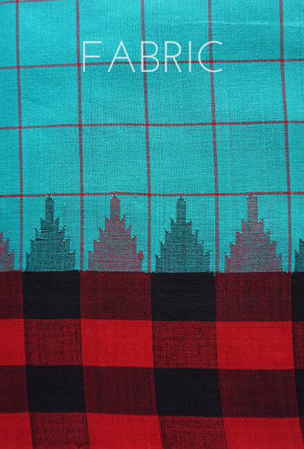 Teal green and red Orissa Phoda Kumbha cotton saree - Niram Neela