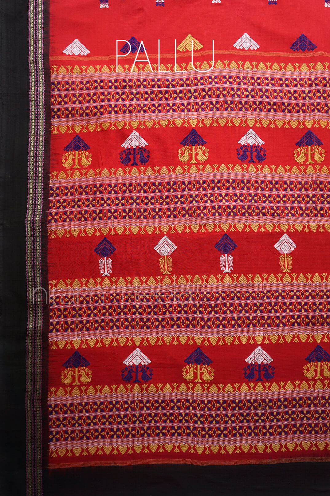 Red and black Bomkai cotton saree - Niram Neela