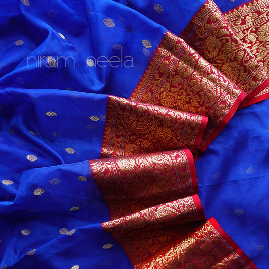 Blue and red Chanderi silk organza saree - Niram Neela