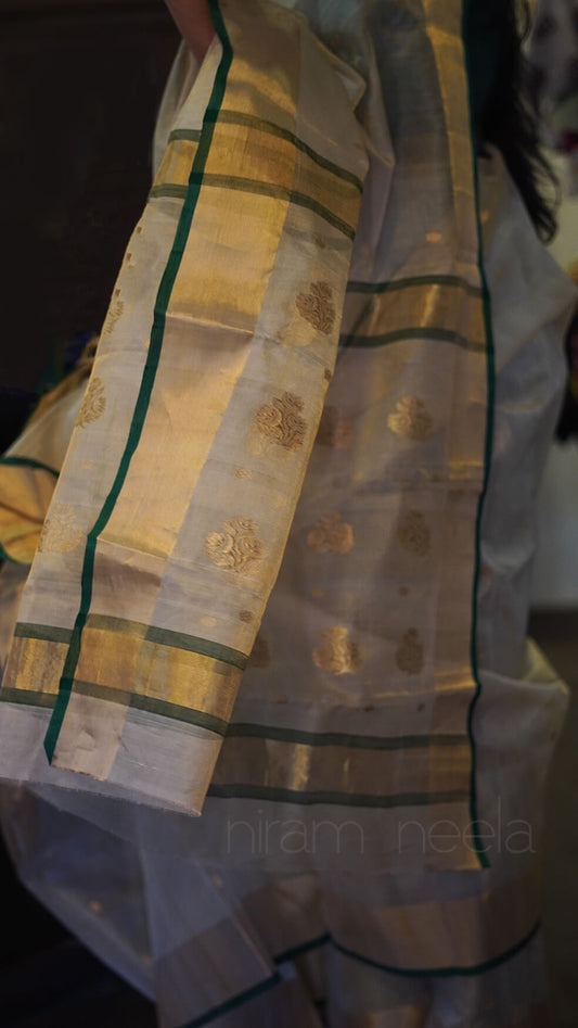 Cream and green Chanderi katan silk tissue saree | Niram Neela