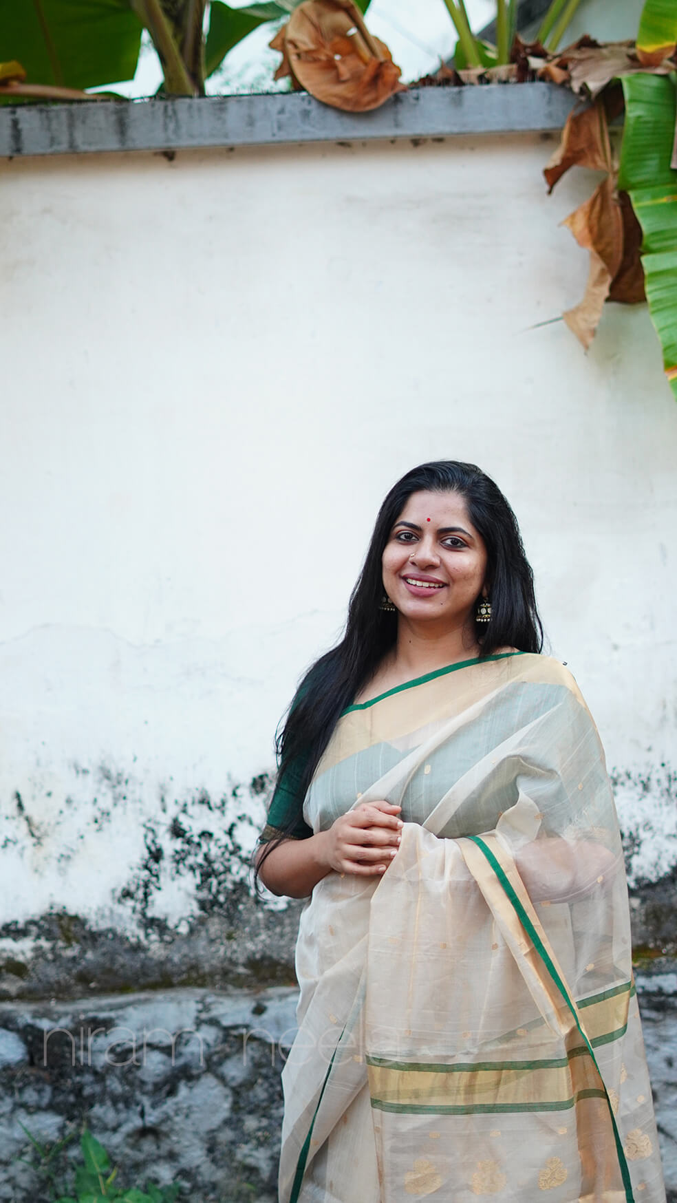 Cream and green Chanderi katan silk tissue saree | Niram Neela