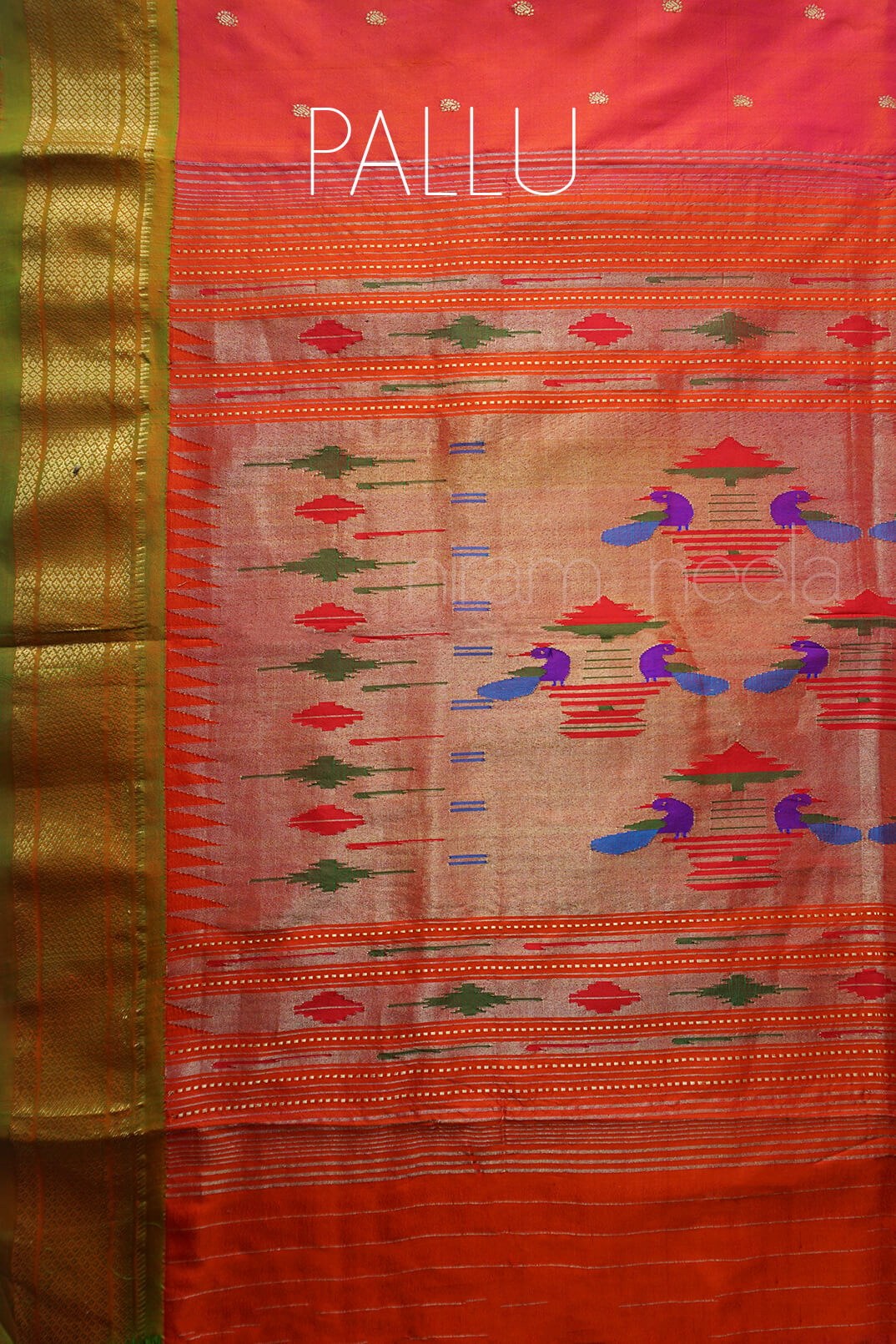Orange and lime green Paithani silk saree | Niram Neela
