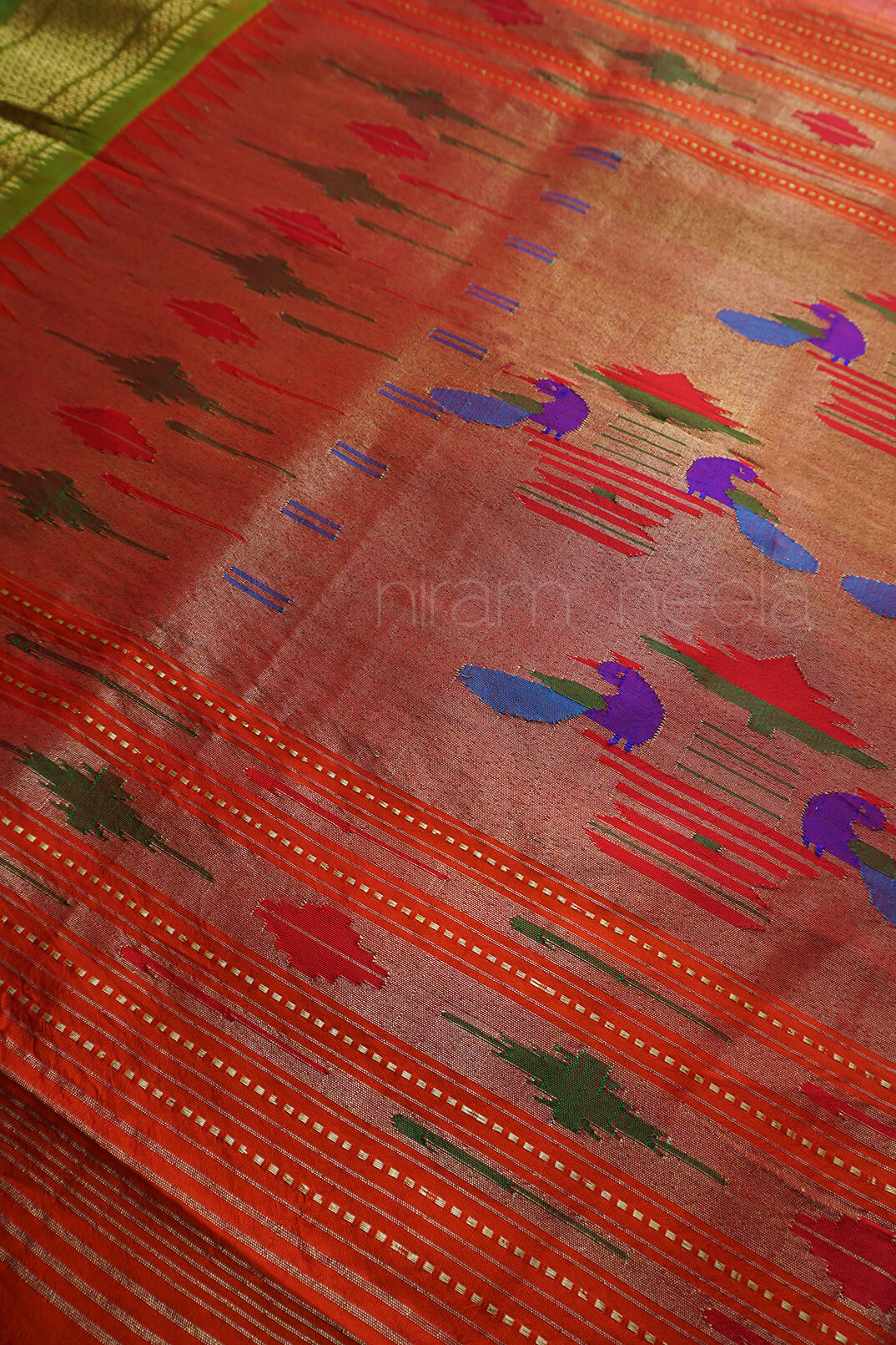 Orange and lime green Paithani silk saree | Niram Neela