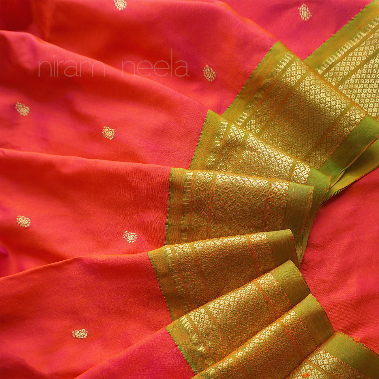 Orange and lime green Paithani silk saree | Niram Neela
