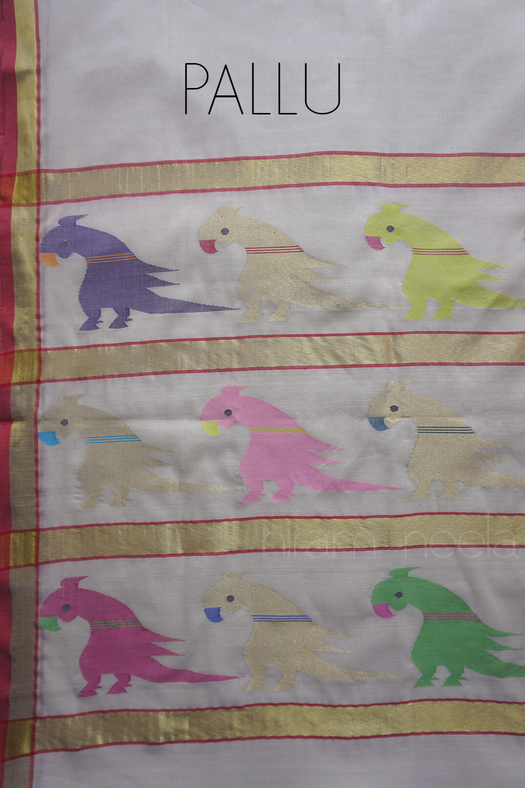Ivory and red handloom Venkatagiri jamdani cotton parrot saree from Niram Neela