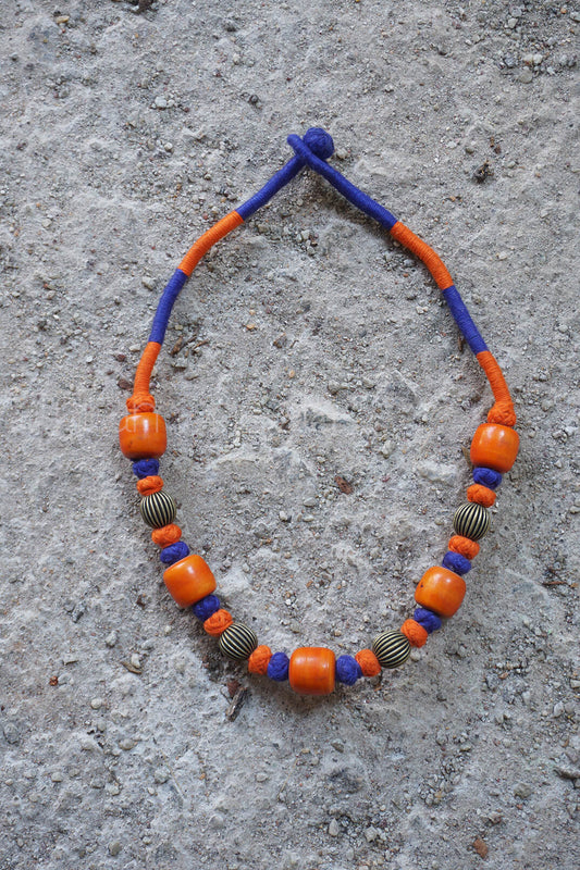 Orange and blue handmade wooden neckpiece - Niram Neela