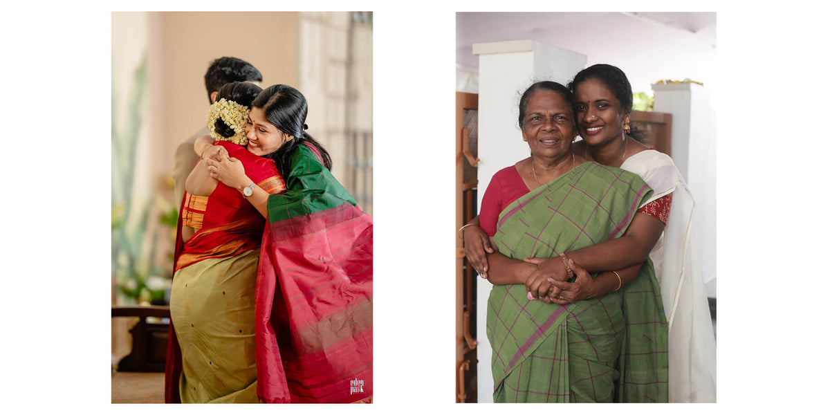 Two images of women in traditional sarees embracing each other.