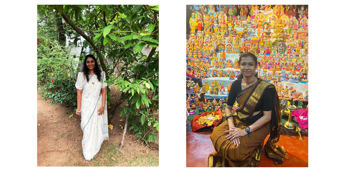 Two images: one of a woman in a white saree standing outdoors, and another of a woman in a traditional saree in front of a colorful wall.